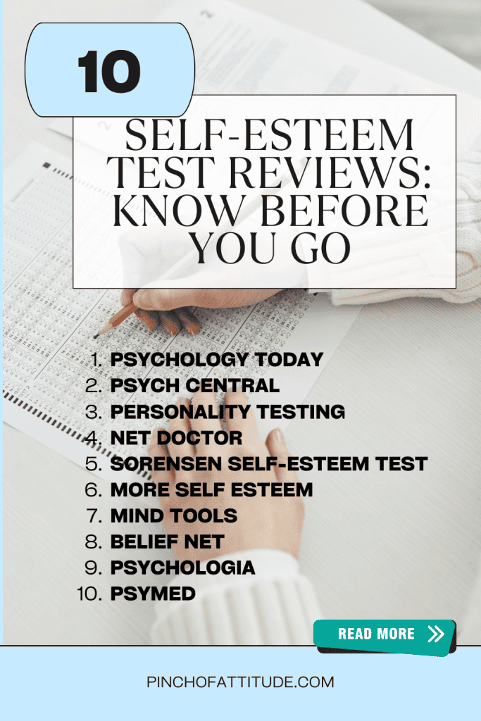 Pinterest - Pin with title "10 Self-Esteem Test Reviews: Know Before You Go" showing a person's hands shading an answer sheet on a table using a pencil.
