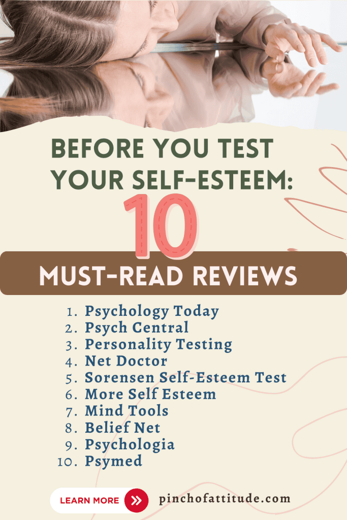 Pinterest - Pin with title "Before You Test You Self-Esteem: 10 Must-Read Reviews" showing a woman with her cheek against a mirror while contemplating her reflection.
