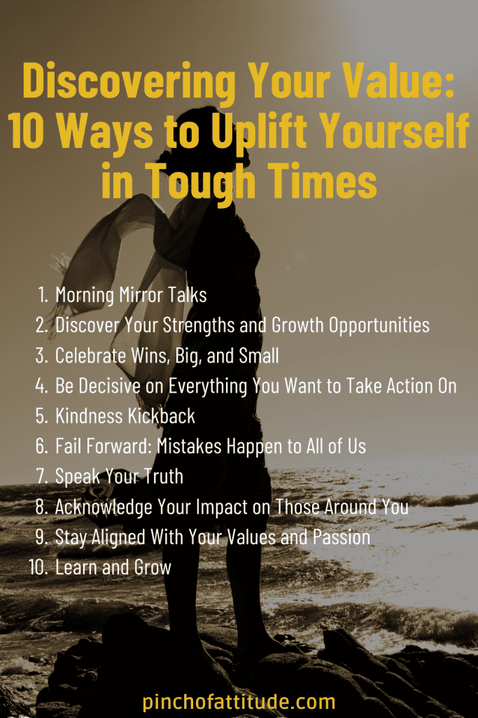 Pinterest - Pin with title "Discovering Your Value: 10 Ways to Uplift Yourself in Tough Times" with a silhouette of a woman wearing a scarf while standing on a pile of rocks by the seashore.