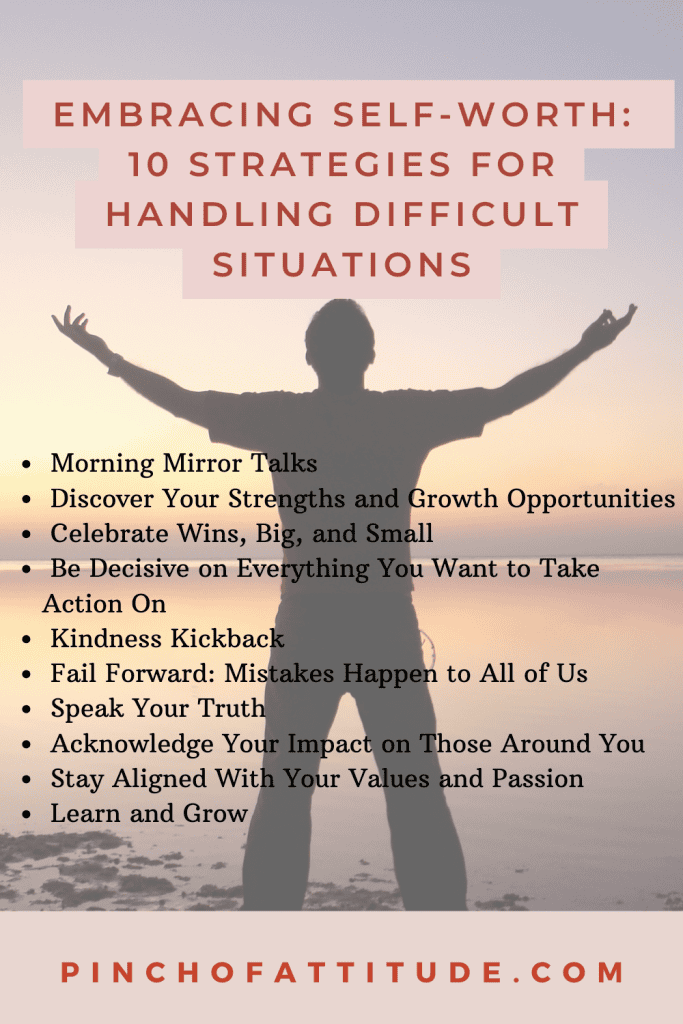 Pinterest - Pin with title "Embracing Self-Worth: 10 Strategies for Handling Difficult Situations" with the silhouette of a man with arms wide open facing the sea during twilight.