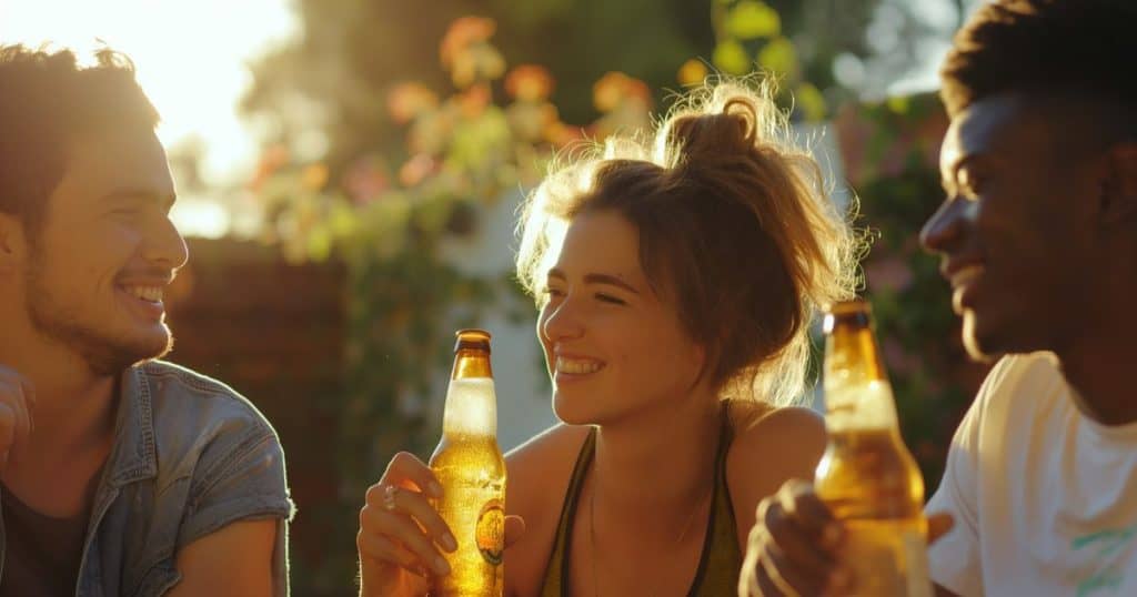 a woman and drinking beers in the summer with her friends celebrating her new life without her narcissistic partner.
