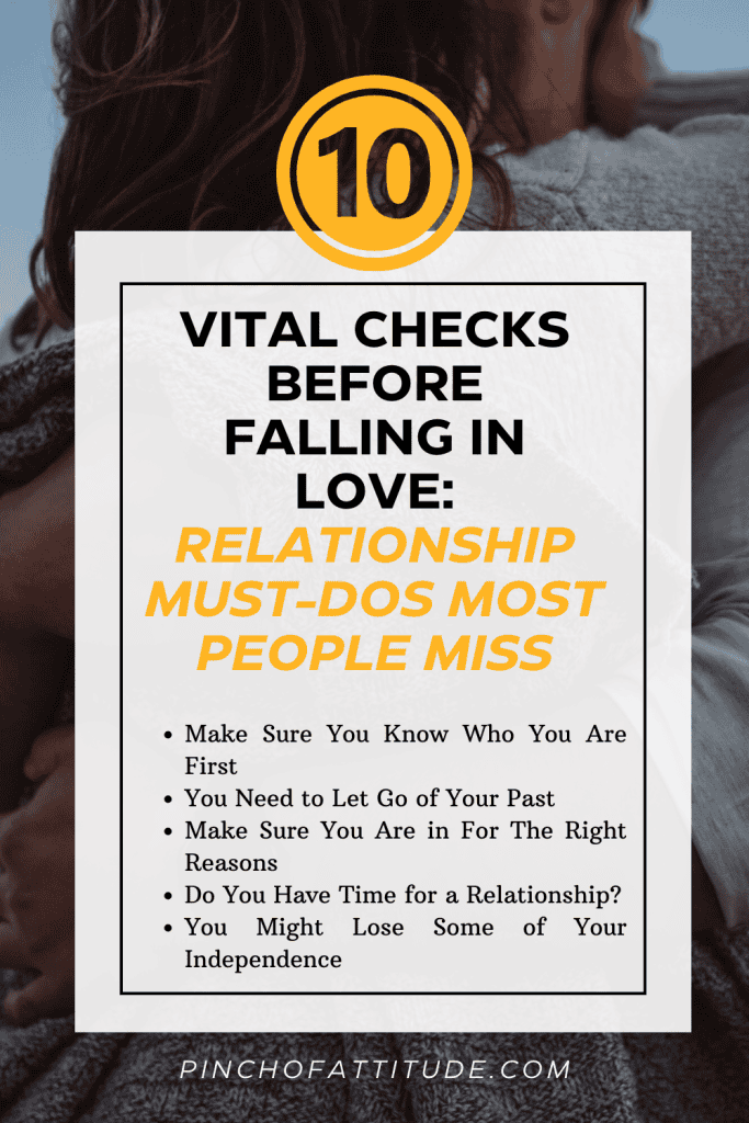 Pinterest Pin with a title: "10 Vital Checks Before Falling In Love: Relationship Must-Dos Most People Miss" and a couple hugging each other showing only their backs