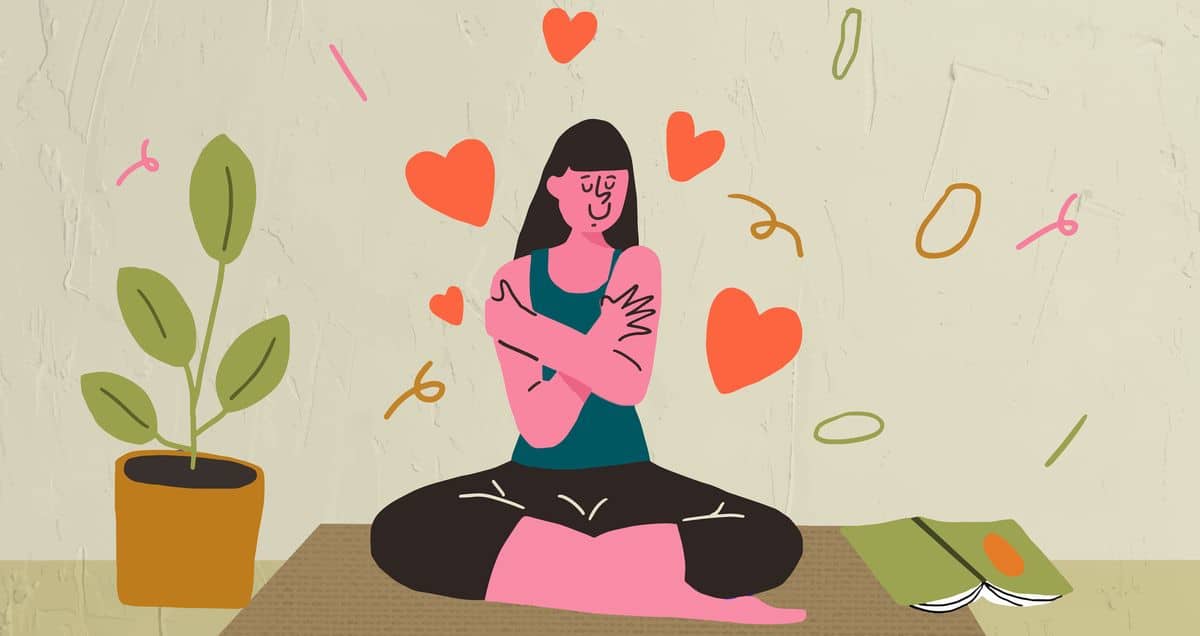 a woman doing yoga and hugging herself surrounded with red hearts in a light green background.