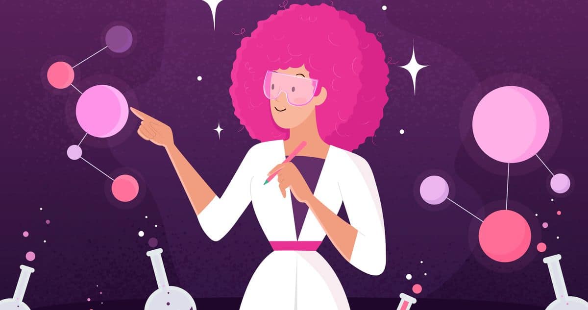 beautiful scientist looking at different chemicals in pink glasses with pink hair and a white dress in dark purple background.