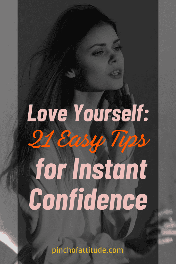 Pinterest - Pin with title "Love Yourself: 21 Easy Tips for Instant Confidence" showing a beautiful chiseled face woman with long hair and has dramatic hand placements.