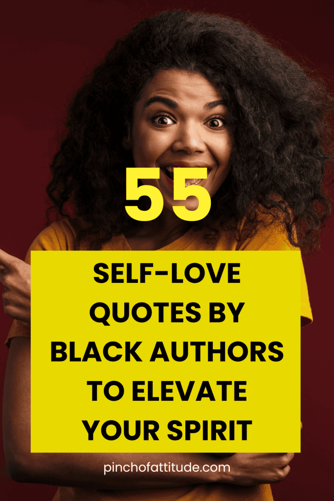 Pinterest - Pin with title "55 Self-Love Quotes by Black Authors to Elevate Your Spirit" showing a smiling woman with curly hair on a dark red background.