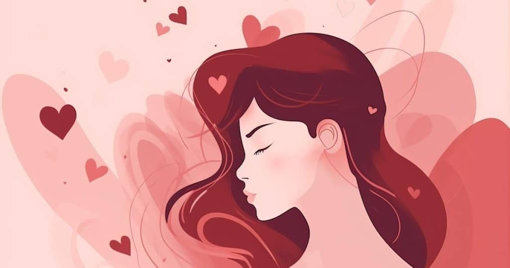A beautiful portrait of a red-haired woman, eyes closed, facing side view and she's surrounded by a dreamy background filled with hearts.
