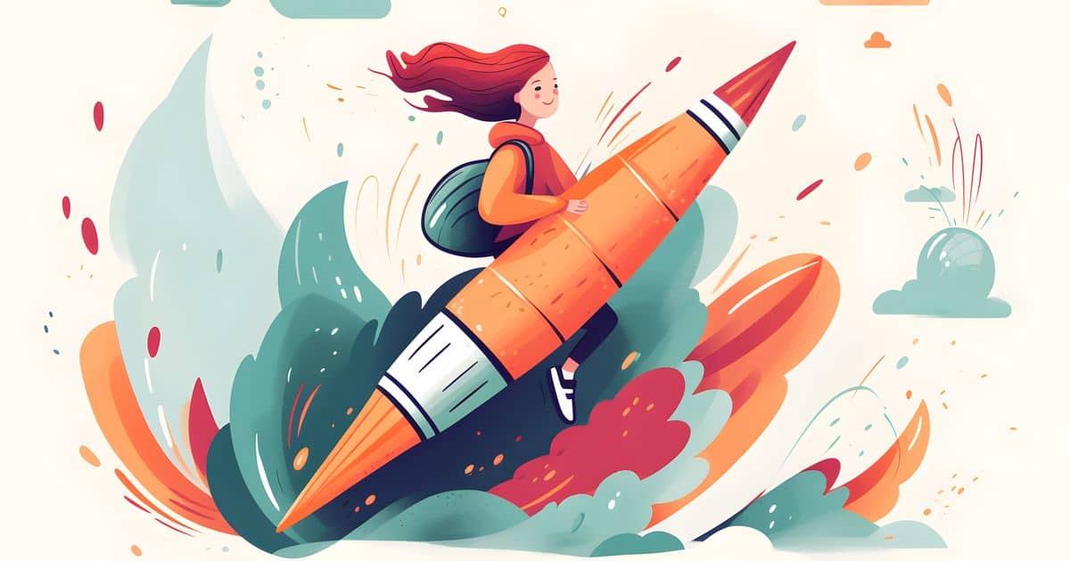 An illustration of a girl riding a large orange pencil with multi-colour smoke around her.