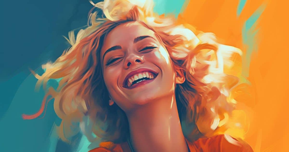 A painting of blonde hair woman smiling with her eye closed.