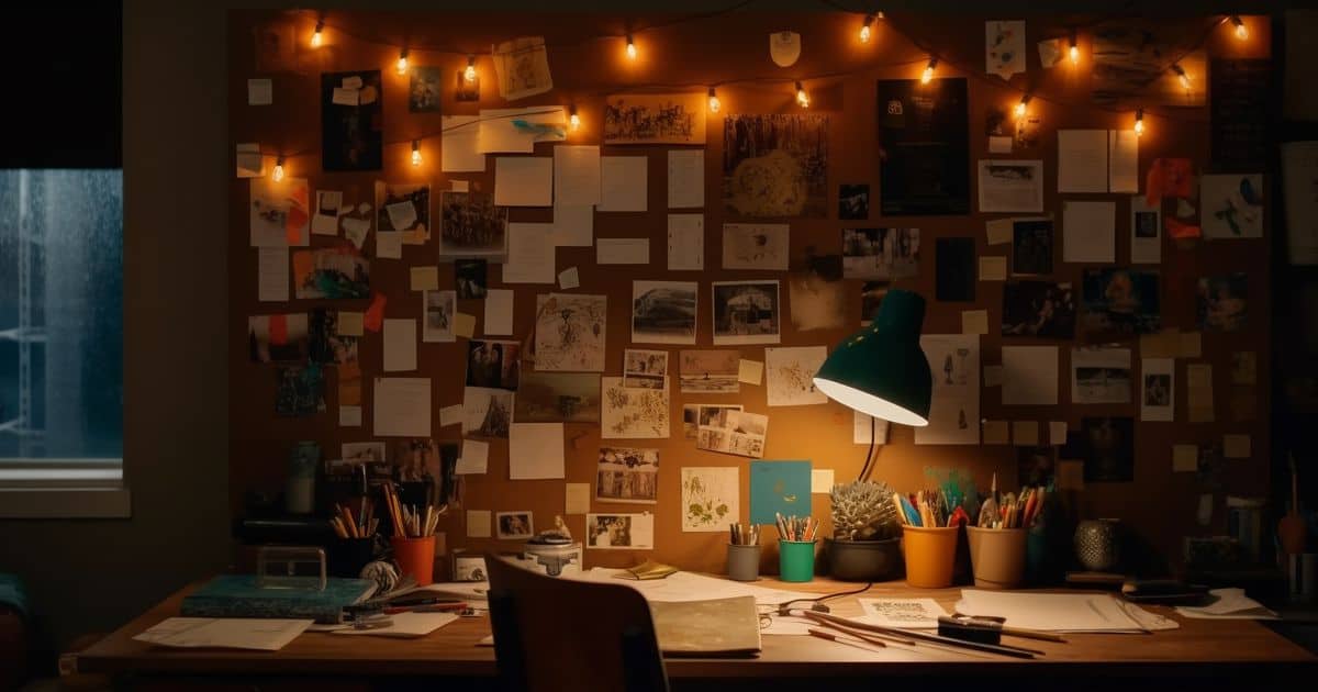 A desk full of pens and papers in a dark room with lights on the wall and lamp.
