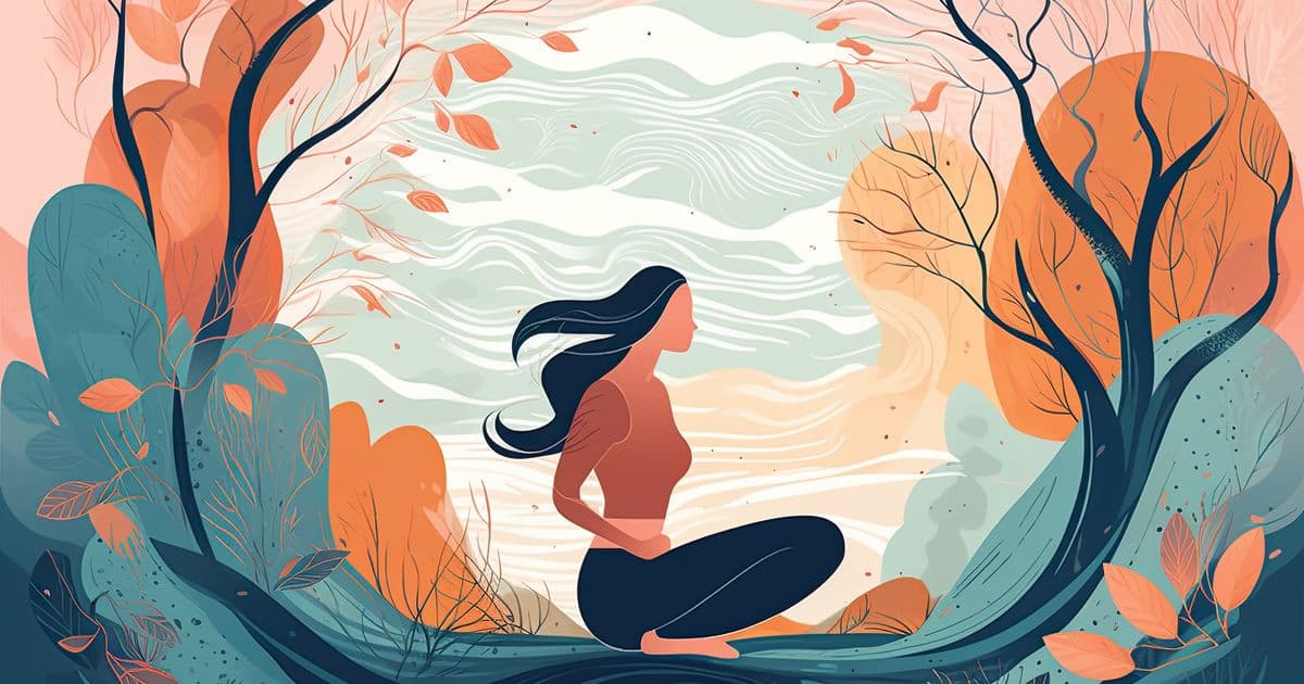 An illustration of a woman meditating in a midst of nature.
