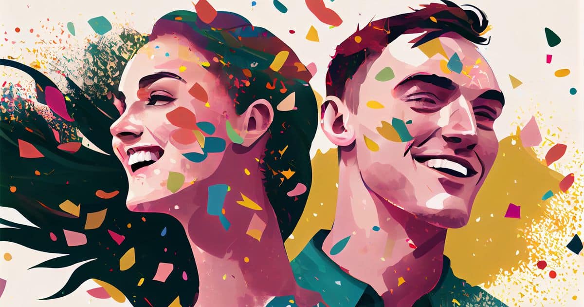 Illustration of woman and man laughing in multi coloured background.