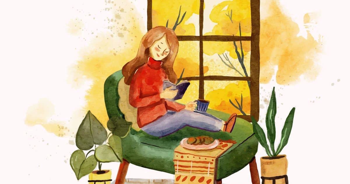 A woman is sitting in a chair, reading a book by the window, with plants beside her.