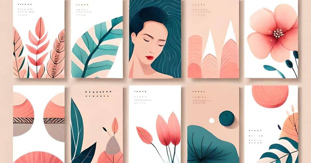A set of pictures of leaves, flowers, shapes and a woman.