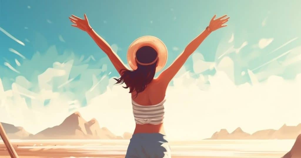 A woman standing on the beach with her arms raised, seemingly embracing the ocean breeze.