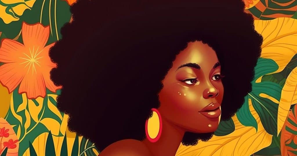 A beautiful illustration of a black woman with vibrant colors of plants in the background.