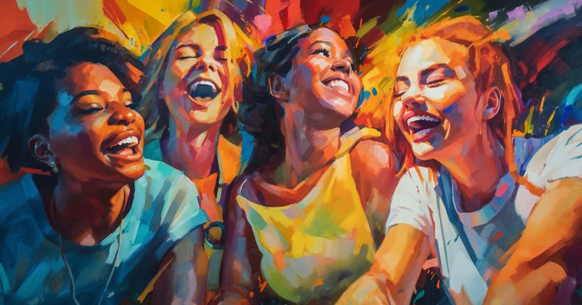 laughing women in different colours background.