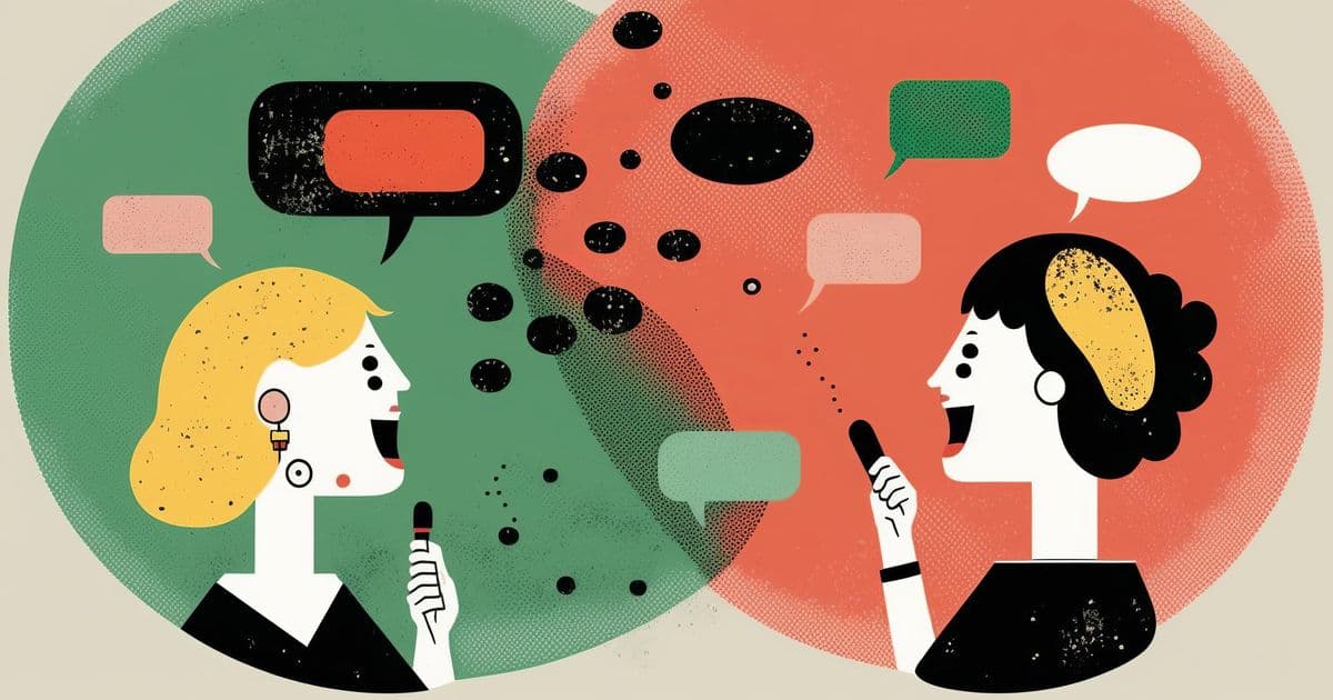 An illustration of two women talking to each other using a microphone with speech bubbles.