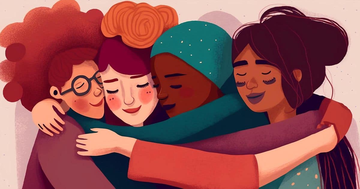 An illustration of a group of women hugging each other.