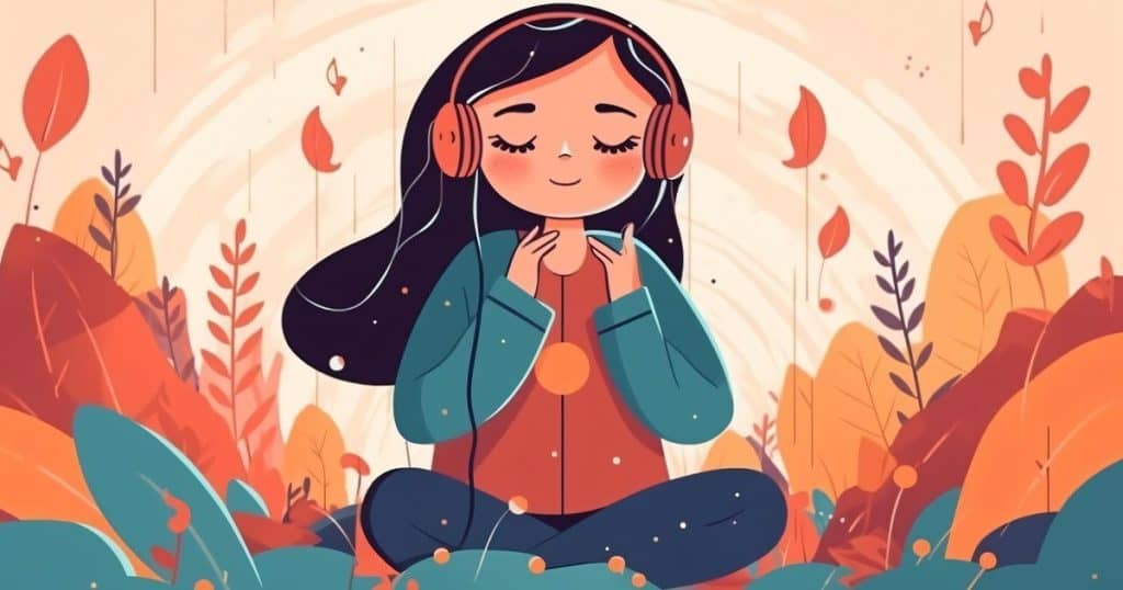 A girl wearing headphones is meditating in the middle of a forest.