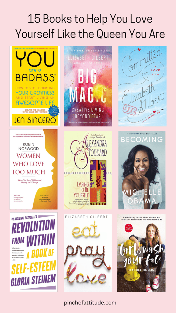 Pinterest - Pin with title "15 Books to Help You Love Yourself Like the Queen You Are" showing a collage of book covers against a pink background.