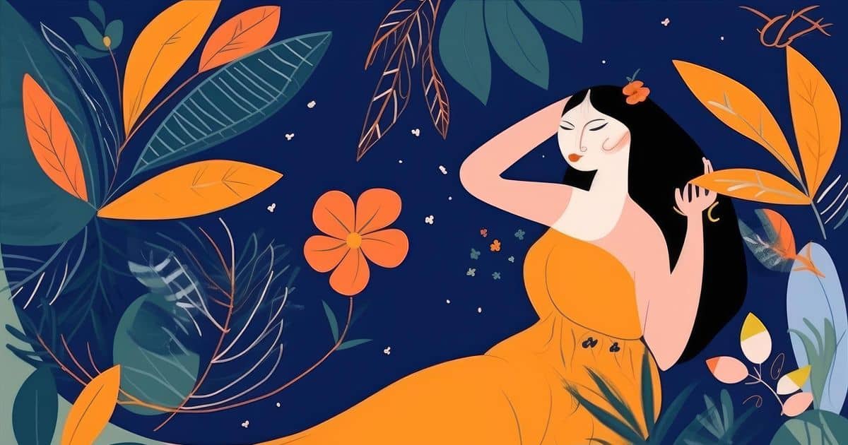 An illustration of a woman in a yellow dress sitting among a lush garden and gently brushing her long hair with her hands.
