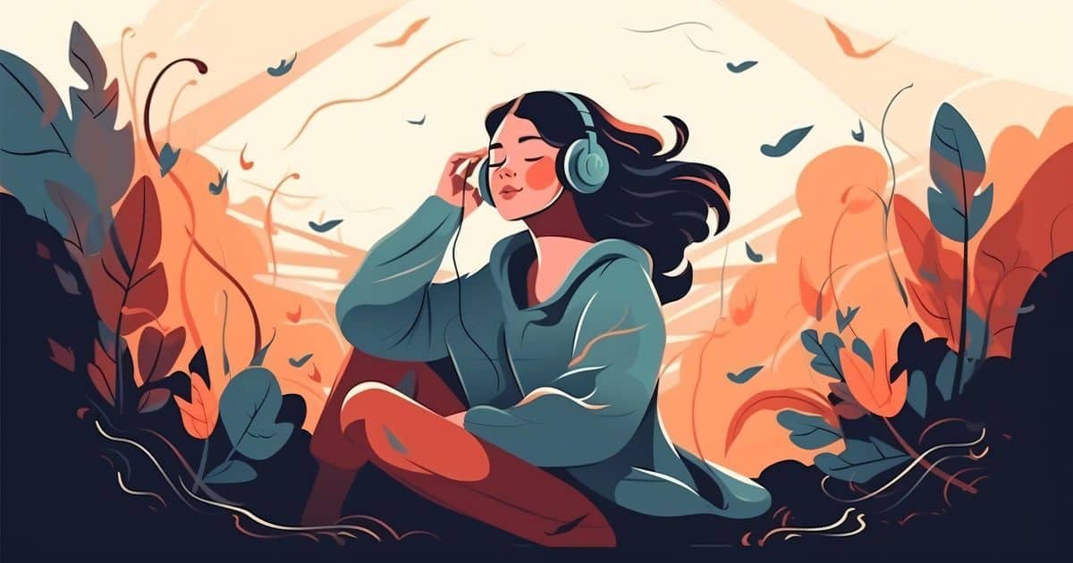 A young woman sitting on the ground amidst a backdrop of lush plants, had her headphones on and was lost in the rhythm of the music.