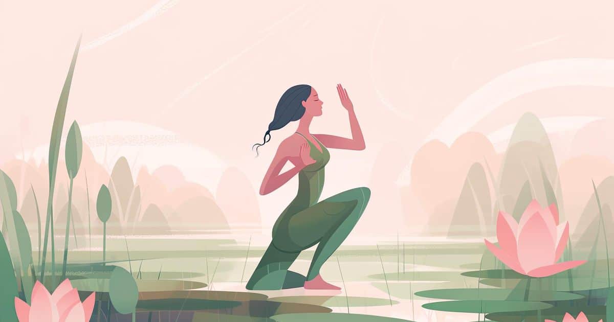 A woman in a green jumpsuit with one arm raised up towards the sky and one knee bent, standing in the middle of a pond.