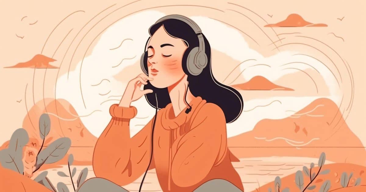 A woman with her eyes closed, deeply immersed in the music playing through her headphones, with the beauty of nature as her backdrop.