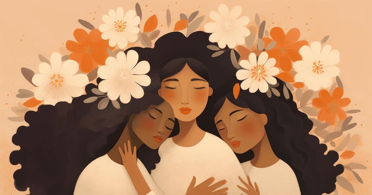 A group of women hugging each other with their eyes closed and flowers around their heads.