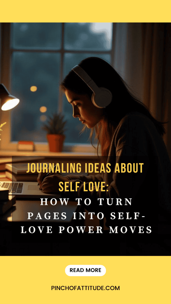 Pinterest - Pin with title "Journaling Ideas About Self Love: How to Turn Pages Into Self-Love Power Moves" showing a young woman wearing headphones, seated at a desk, writing in front of a window at dusk with a lamp and books nearby.