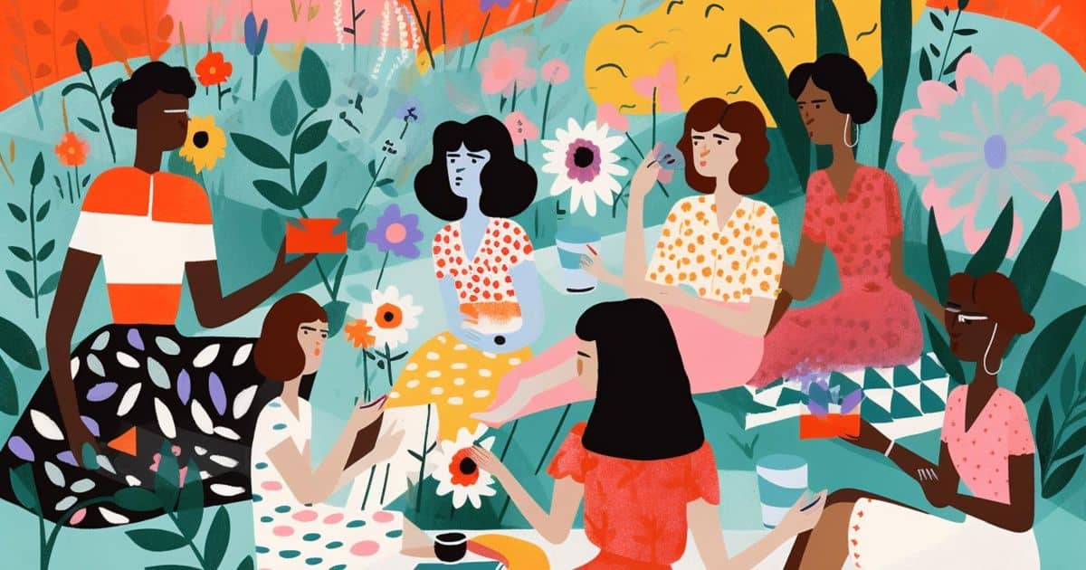 A group of women sitting and chatting while enjoying their coffee in a garden, surrounded by vibrant colors and lush greenery.