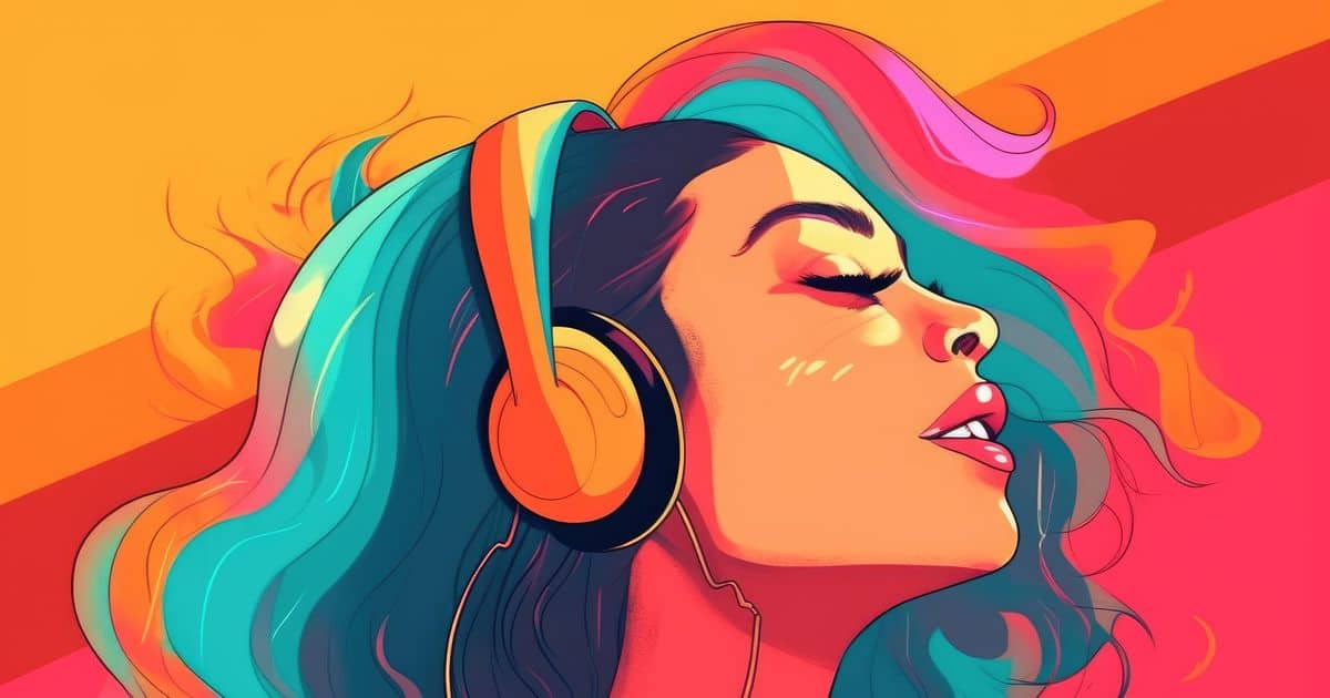 An illustration of a woman wearing headphones and listening to uplifting music with vibrant and colorful background.
