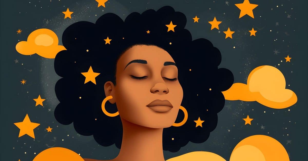 A dark curly-haired woman who looks peaceful and content as she closes her eyes while surrounded by these bright stars in the sky.