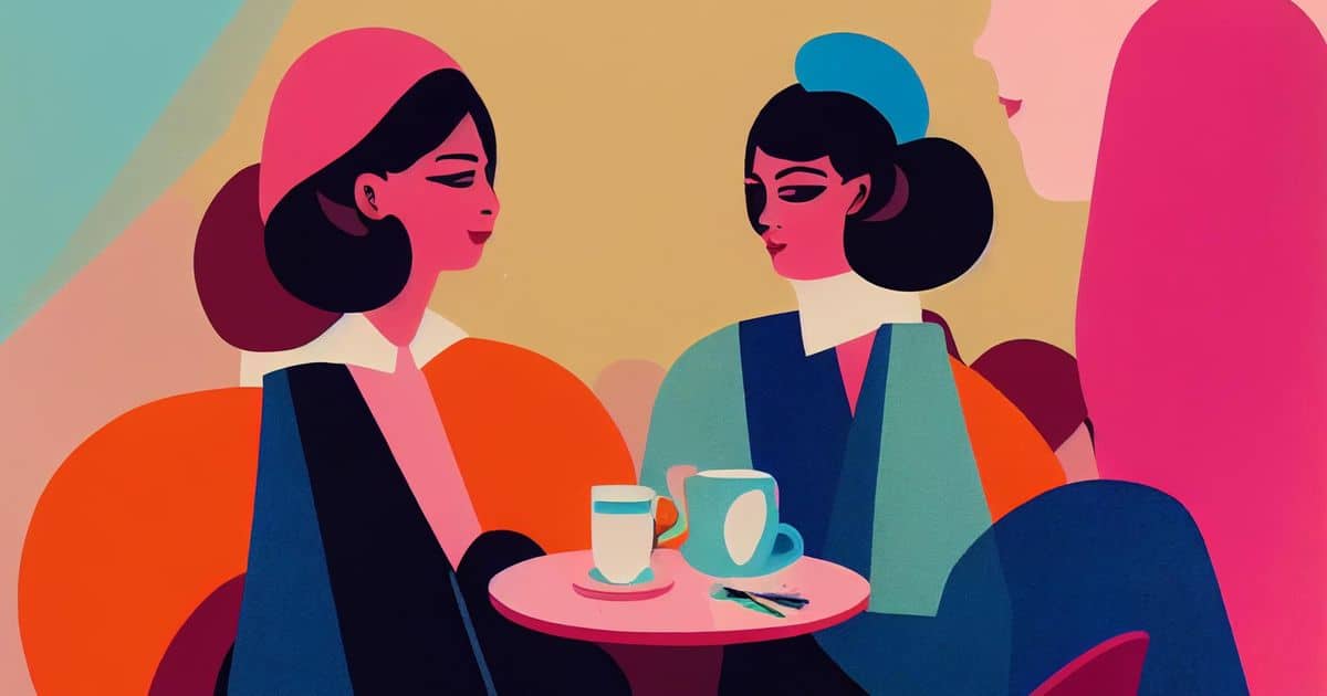 A colorful illustration of a group of women siting at a table, having a cup of coffee.