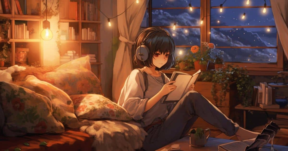 A girl reading a book while listening to music in her bedroom.