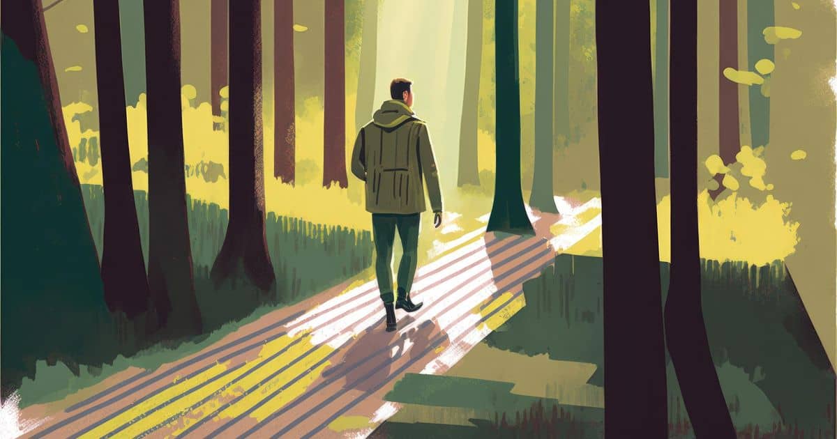 An illustration of a man walking through a forest with a light shining through the trees.