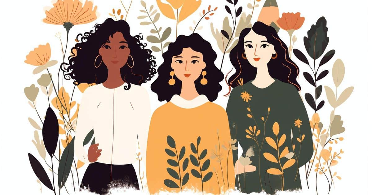 An illustration of a group of three beautiful women with their own distinct features, posed together with various flowers in their background.