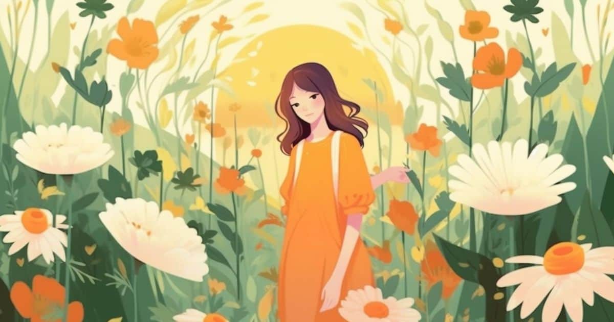 A girl in an orange dress surrounded by the beauty of flowers.