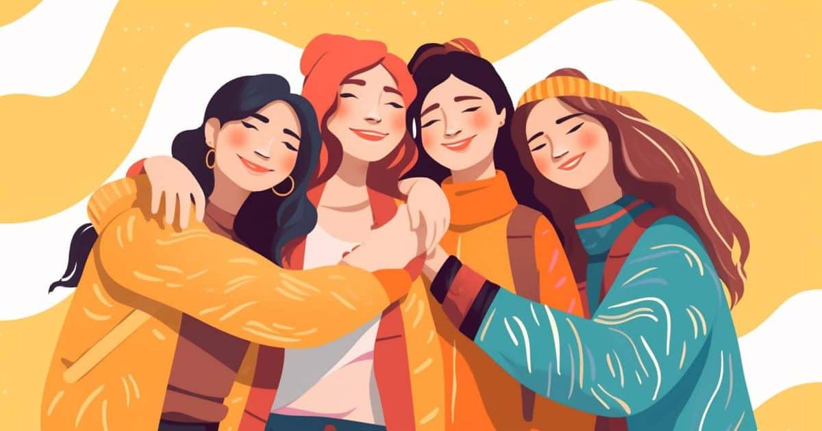 A cartoon image of four young women embracing each other in a warm hug and the colors used throughout this picture are mostly yellow with some touches of orange, green, red and brown.