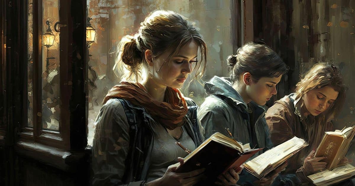A painting of a group of women reading a book together.