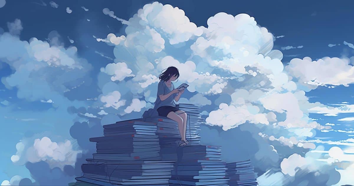 A illustration of a young woman sitting on a stack of books, with the sky behind her filled with fluffy white clouds. 
