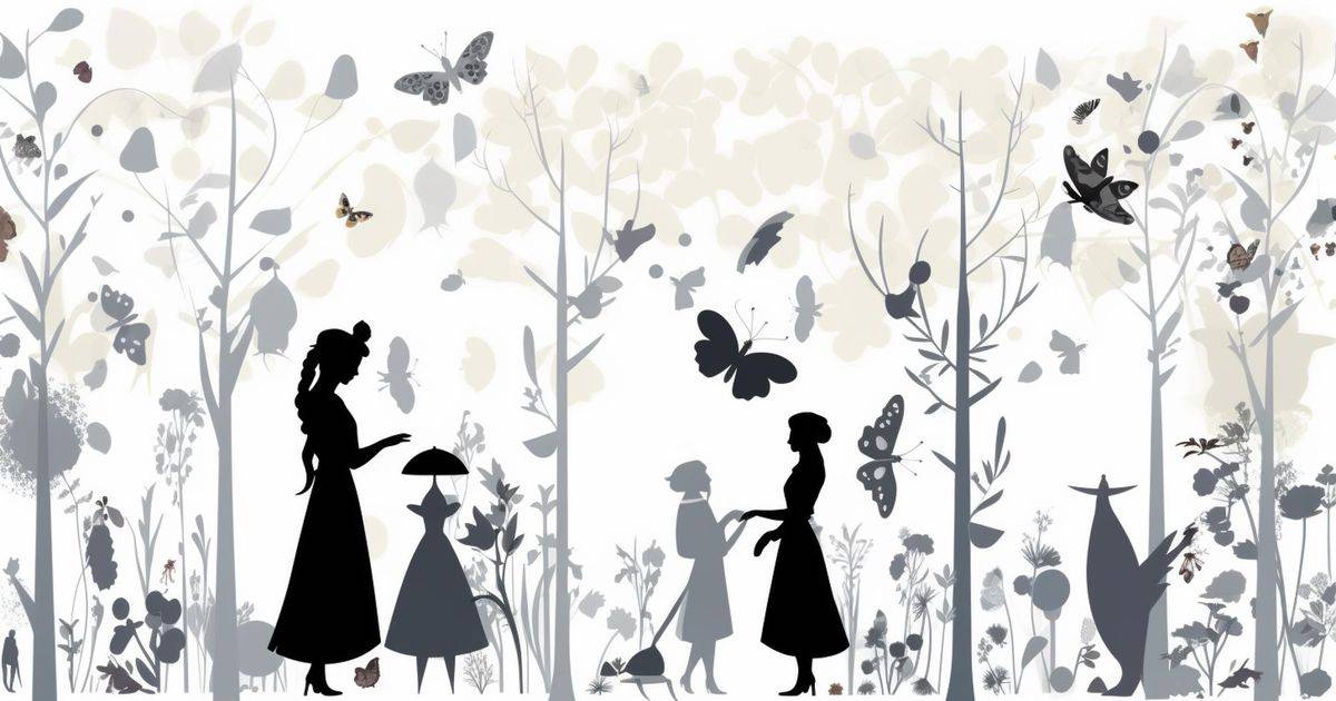 A silhouette of a group of women in the woods, with butterflies fluttering nearby.