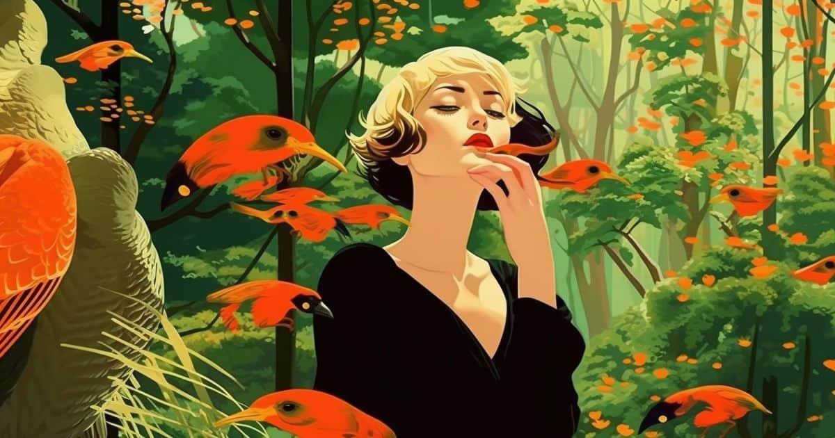 A woman in a black dress stands elegantly in the woods, surrounded by a harmonious gathering of birds.