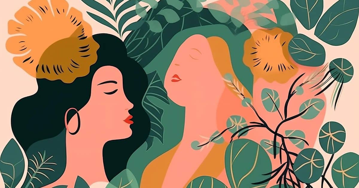 Two abstract women facing each other while closing their eyes dreaming away surrounded by green and beige flowers.