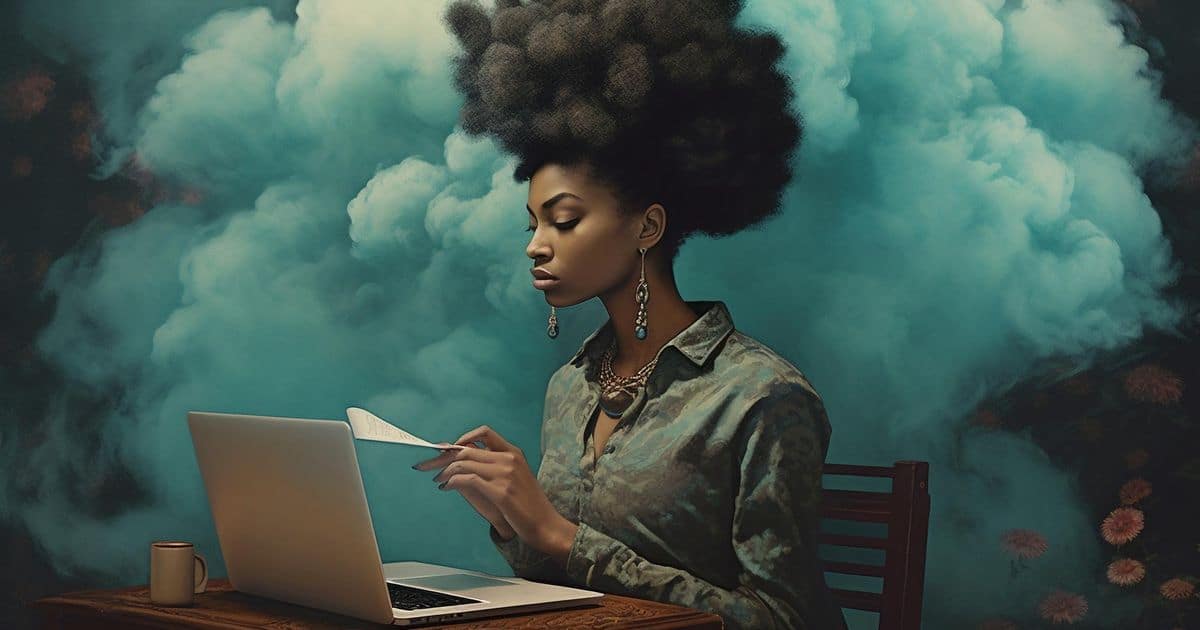 A woman sitting at a table with a laptop while reading a piece of paper and behind her is a teal-colored smoke in the background.