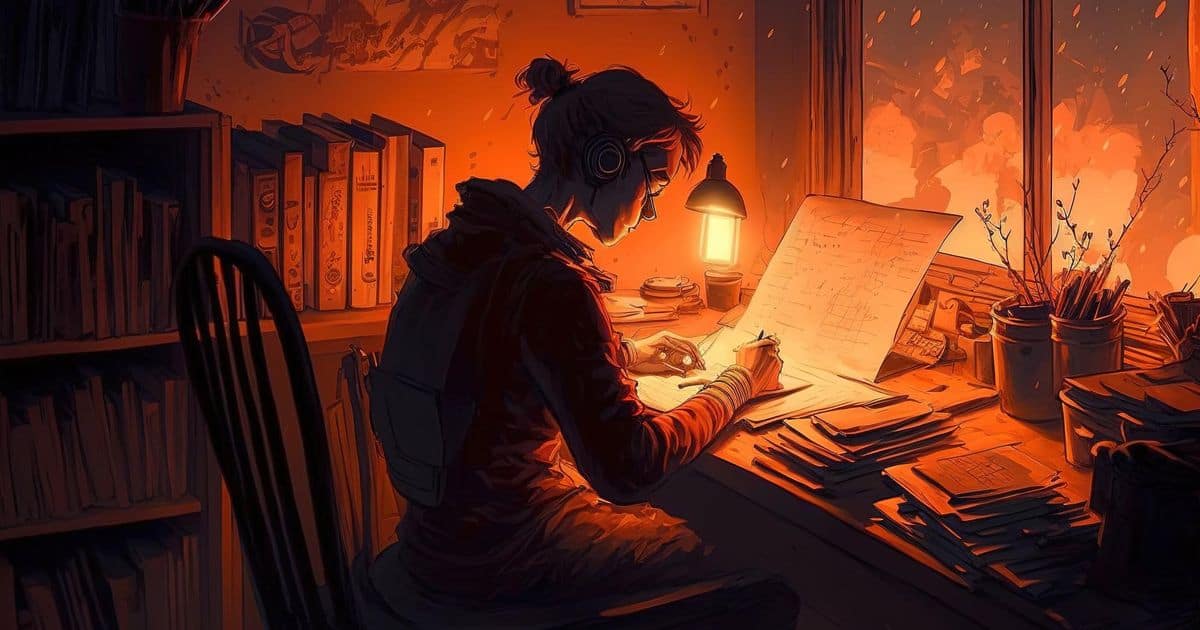 A woman in a bun writing on a paper and listening to some music while sitting at her desk surrounded by the warm orange glow of lamp.