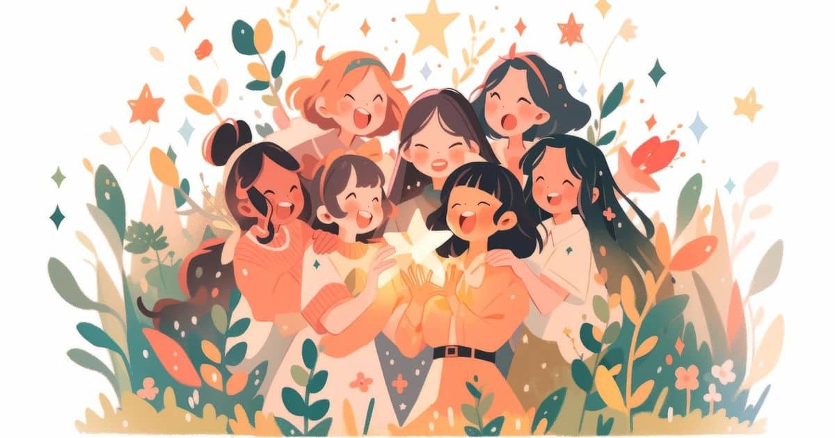 A cartoon scene of a group of girls happily holding up a star, with their faces full of joy and excitement.