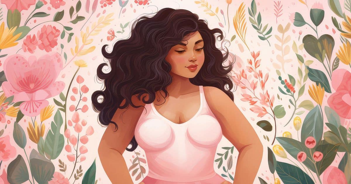 A portrait of a woman with long, curly hair wearing a pink tank top surrounded by assorted plants and flowers.