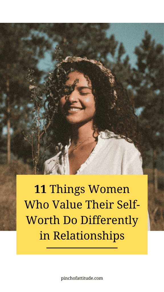 Pinterest - Pin with title "11 Things Women Who Value Their Self-Worth Do Differently in Relationships" showing a smiling woman with curly hair wearing a floral crown in an outdoor setting with trees in the background.